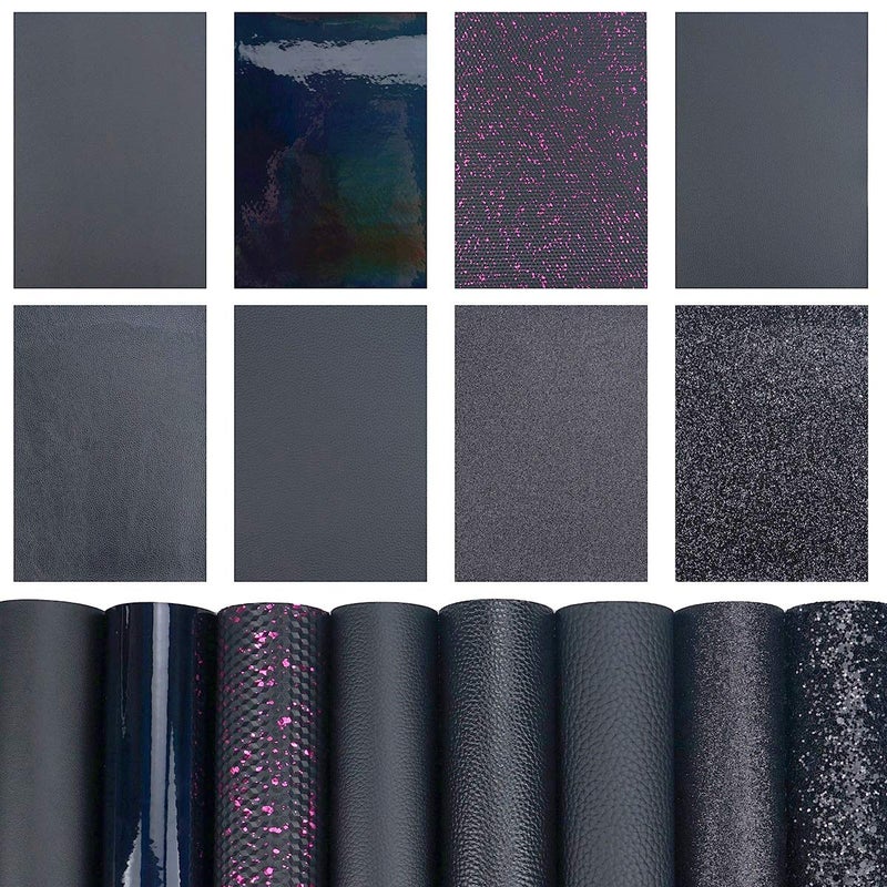 Litchi 8 Pieces 8x12 Inch Black Series Faux Leather Sheets Including 8 Kinds Leather Sheets for Leather Bows and Earrings Making - Image 2